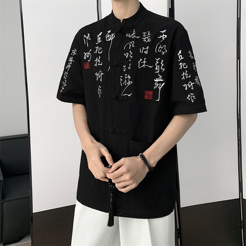 风大码复古中式书法重磅刺绣新款盘扣衬衫T2881-P65-控88,男装衬衫,电商A021