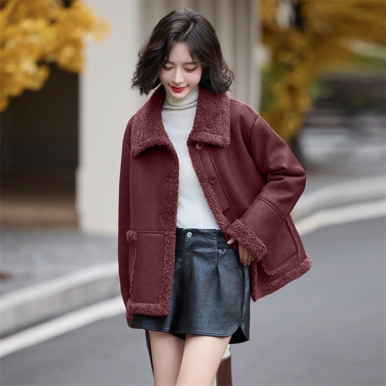 皮毛一体羊羔毛外套女短款2024新款秋冬季加绒机车服加厚皮夹克,女装羊羔毛/颗粒绒,美拉德工厂直营店