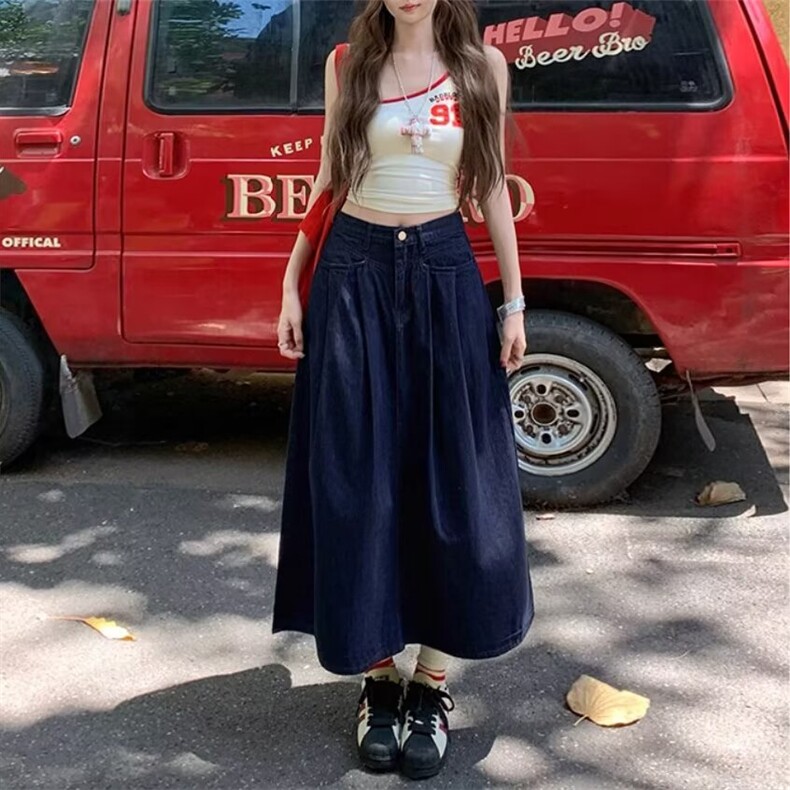 深蓝色牛仔半身裙女2025夏季新款港风高腰显瘦长款宽松a字中长裙,女装半身裙,星座1210-1