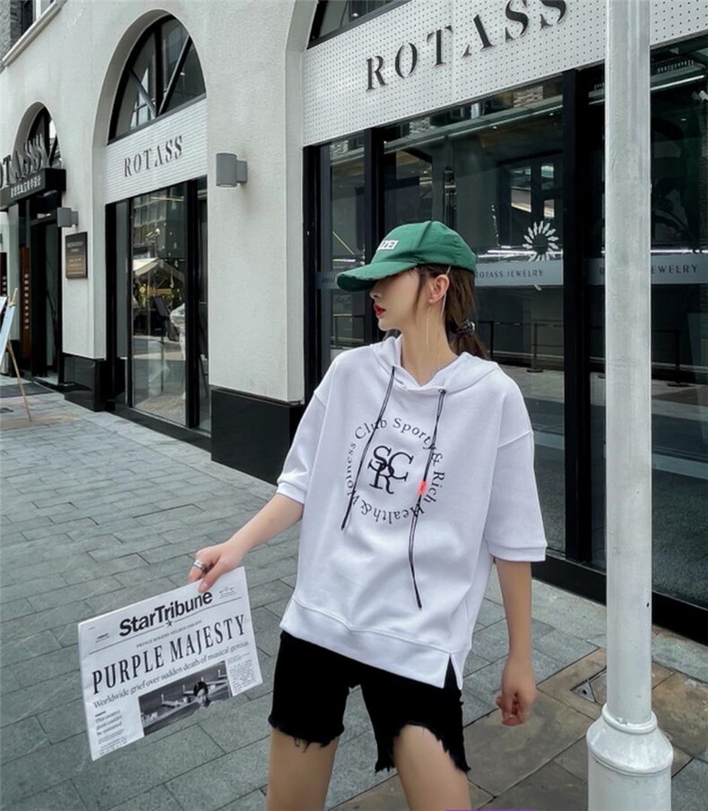 现货戴帽短袖卫衣，女装卫衣/绒衫，E·贝空间