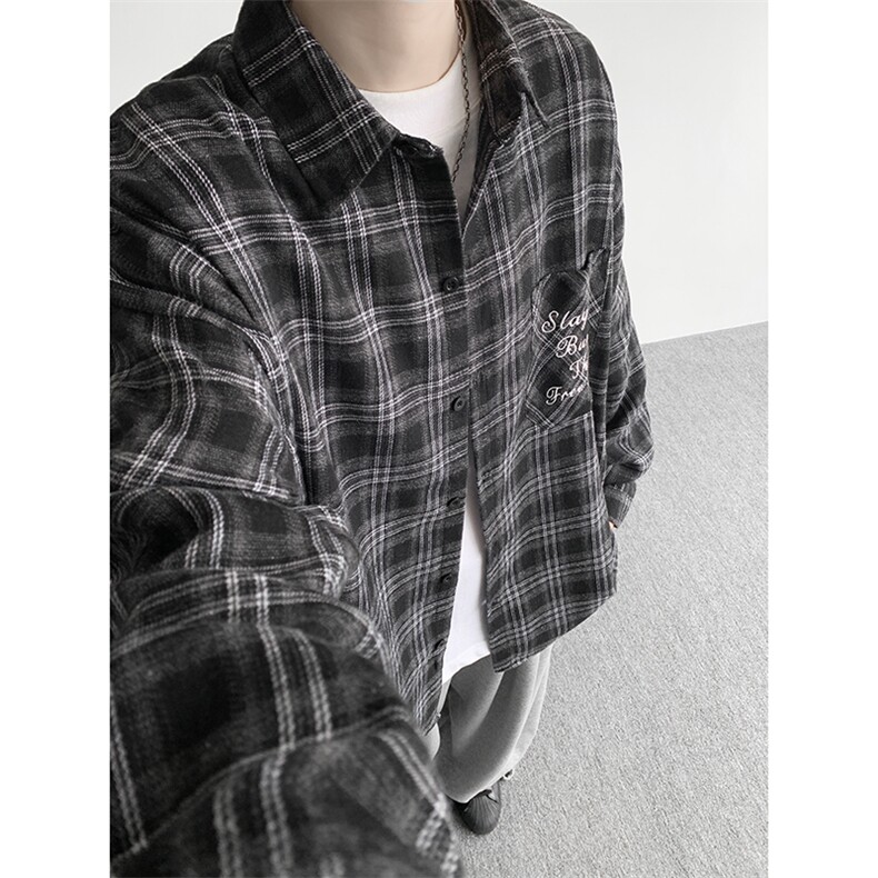 衬衫男春季新款港风宽松大码刺绣格子衬衣CS121-P35图片