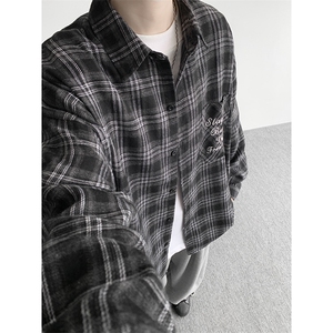 衬衫男春季新款港风宽松大码刺绣格子衬衣CS121-P35图片