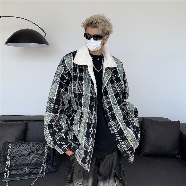 美式复古外套男秋冬季羊羔毛棉服加厚小香风宽松格子棉M8029P88,男装棉衣,星座1116-2