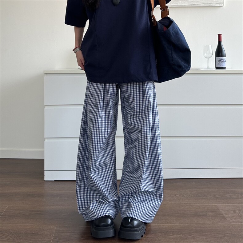 2025夏季美式撞色格子阔腿裤情侣氛围感百搭休闲慵懒长裤子XX9016,男装休闲裤,星座208-5
