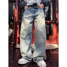 美式复古做旧条纹拼接猫须弯刀牛仔裤男阔腿拖地裤网BN225-P56，男装牛仔裤，星座1001-1