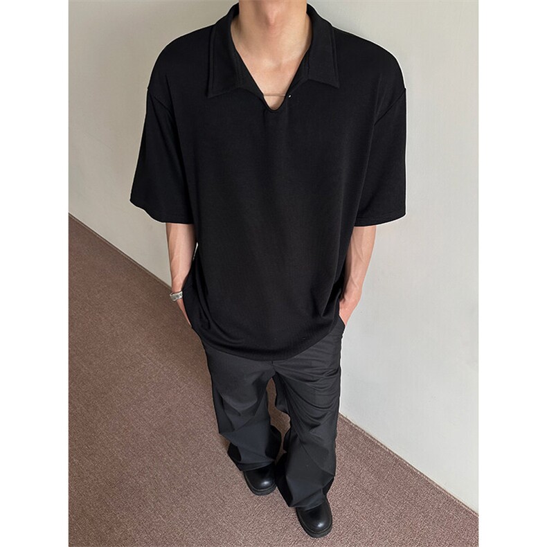 白色麦穗纹海鸥领Polo衫男款夏季美式v领t恤高级感cleanfit五分袖,男装T恤,电商A003