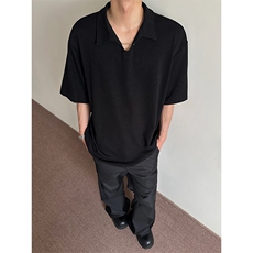 白色麦穗纹海鸥领Polo衫男款夏季美式v领t恤高级感cleanfit五分袖，男装T恤，电商A003