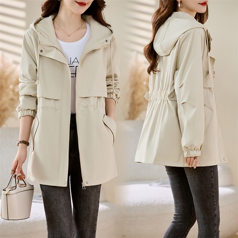 高级感休闲百搭短款风衣女2025春秋新款抽绳收腰显瘦工装连帽外套，女装风衣，慕咨