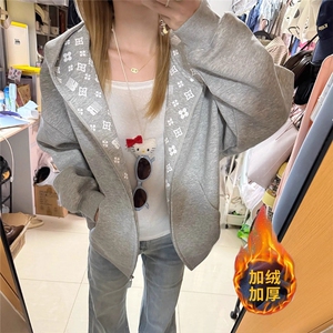 美式连帽卫衣女秋冬加绒字母印花开衫外套重磅潮牌宽松情侣上衣图片