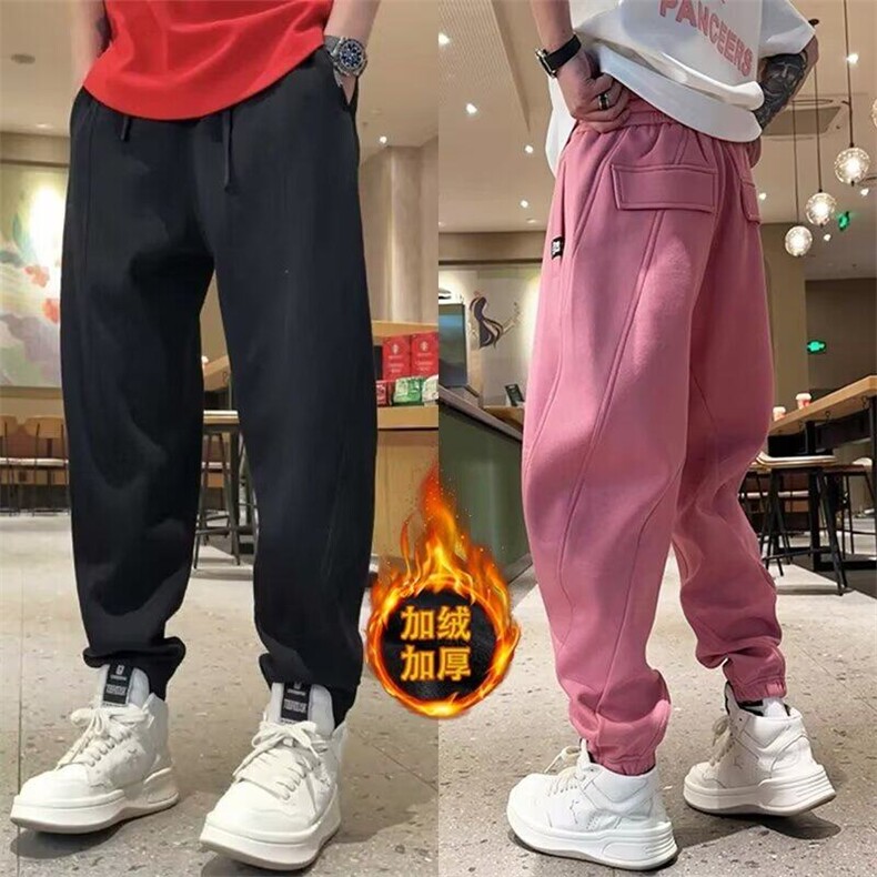 ins慵懒秋冬新款潮牌加绒休闲男士卫裤简约新款潮流流行时尚百搭图片