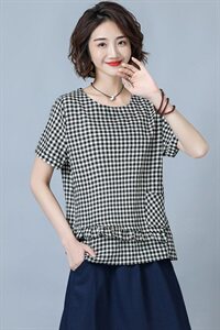 潮流舒适时尚短袖蕾丝衫/雪纺衫2025年夏季格子休闲圆领休闲图片