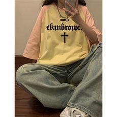 1中性风插肩袖设计T恤情侣女大码美式潮短袖T恤男DT8795P28控49，男装T恤，星座226-2