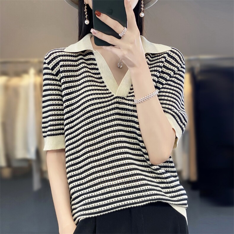 24夏季薄款精纺羊毛衫T恤女宽松POLO领条纹短袖百搭针织半袖上衣图片