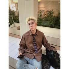 JOYZONE日系覆古竖条纹衬衫男春秋宽松休闲百搭长袖衬衣外套潮流，男装衬衫，星座1210-1