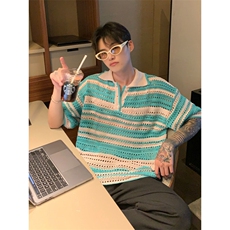 BOYUE帛跃镂空条纹短袖夏季韩版原宿风情侣高级感透气小众男，男装T恤，四季星座505