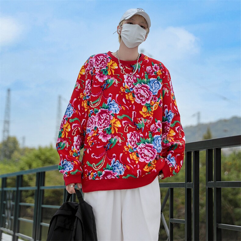 B203圆领大花卫衣大码男女新中式汉服团队表演出饭店火锅店情侣潮,男装民族服装,星座115A(原星座507）
