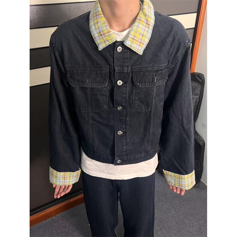 【有货】DT7010-P118美式潮牌格纹拼接男春秋夹克牛仔裤两件套装,男装休闲套装,星座603-2