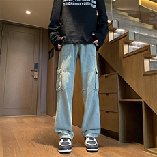 美式复古高街vibe风多口袋工装牛仔裤男潮ins直筒长裤，男装牛仔裤，星座716-2