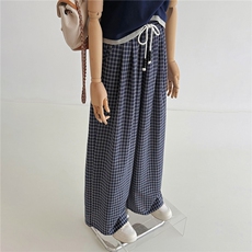 甜美休闲时尚运动套装女夏季新款圆领拼接短袖上衣格子长裤两件套，女装套装/套裙，江南