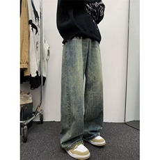 水洗做旧牛仔裤男秋冬美式潮牌宽松直筒阔腿休闲长裤，男装牛仔裤，星座716-2