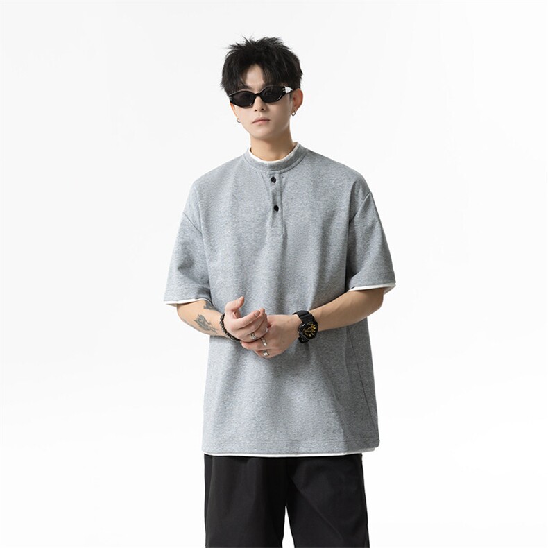 夏季新款港风日系简约假两件亨利领短袖T恤男XZ213-TX22-P35控58,男装T恤,星座213
