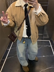 网图条纹拼接假两件外套男美式复古廓形飞行员夹克JKT15-特P68，男装夹克，星座1007（原301D）