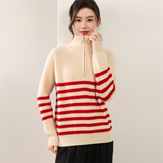 2025年秋季时尚百搭通勤简约想半拉链条纹，女装羊毛衫，锦弘羊绒