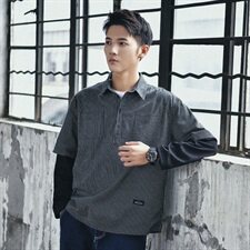 709-C806-P7520秋款日系潮牌假两件BF情侣条纹长袖衬衫，男装衬衫，星座709