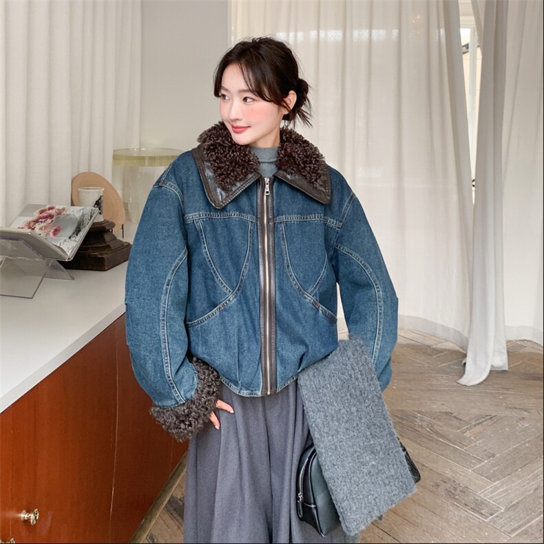 牛仔拼皮加毛25冬季保暖外套2C215-P205-K265,女装短外套,2C215