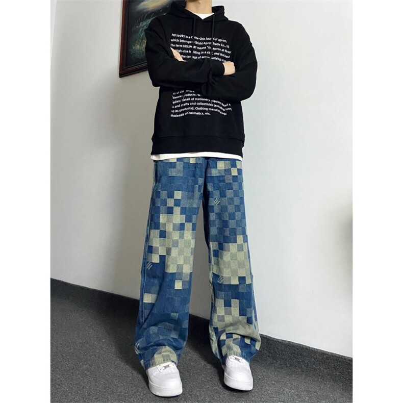 网络图现货潮牌美式原版质量马赛克蓝色格子牛仔裤J519-P42,男装牛仔裤,星座715-7