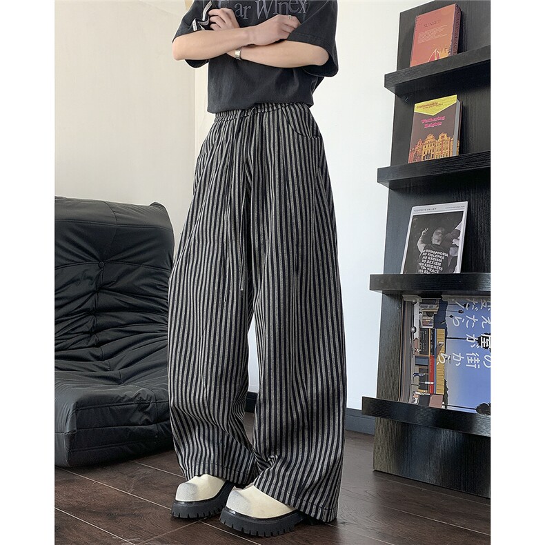设计感宽松条纹休闲裤男美式休闲阔腿裤直筒拖地长裤子U488-P48,男装休闲裤,星座1008