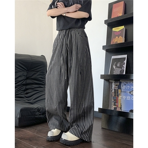 设计感宽松条纹休闲裤男美式休闲阔腿裤直筒拖地长裤子U488-P48图片