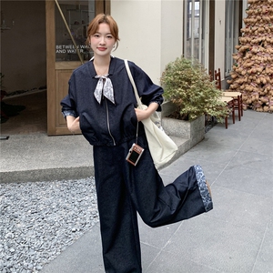 港风复古丝巾外套阔腿裤套装女春秋新款独特别致宽松显瘦两件套潮图片