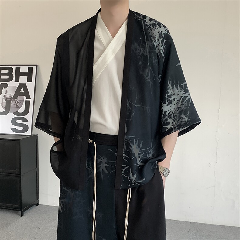 24夏装明制风新中式竹子印花汉服元素衬衫开衫和服道袍拼接上衣,男装衬衫,星座909