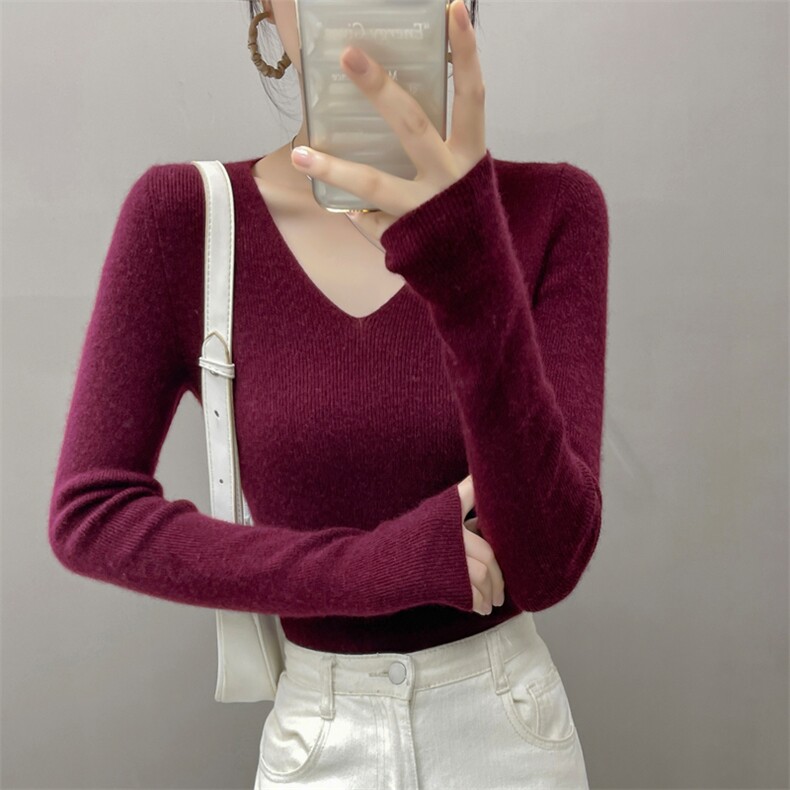 细柔软糯多色百搭baby小山羊绒衫女V领紧身毛衣高端针织打底衫，女装羊绒衫，织绒羊