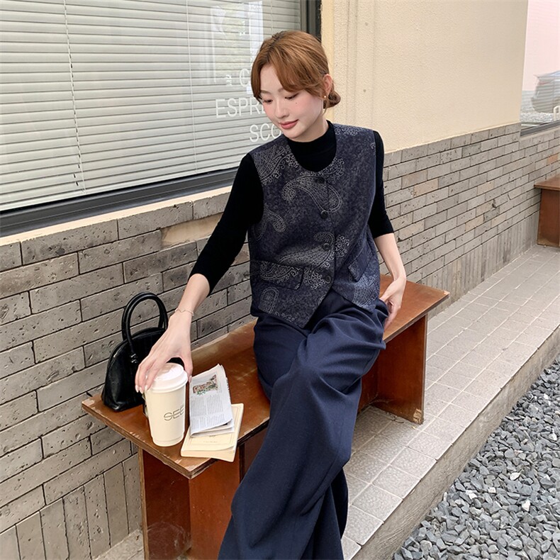新款复古印花马甲阔腿裤三件套,女装套装/套裙,2D075