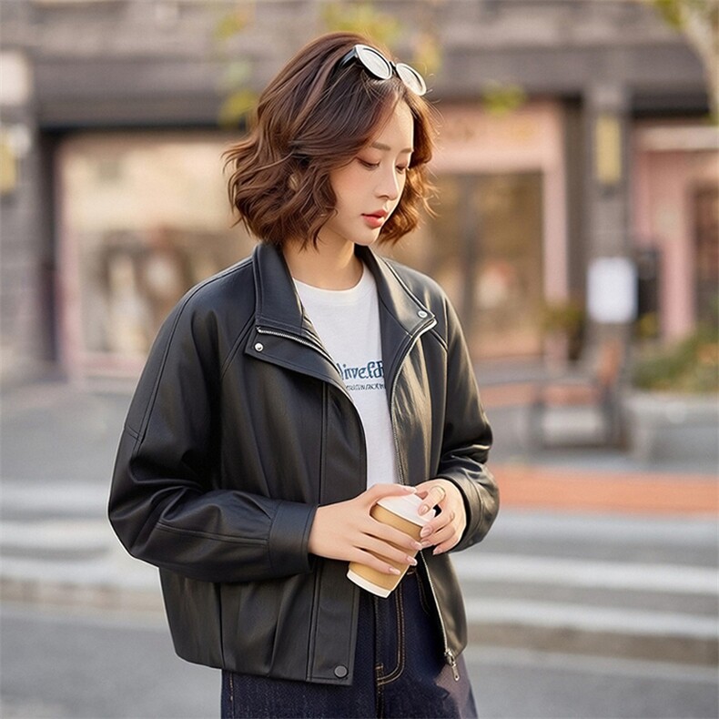 现货高级感酷飒风立领PU皮衣外套女短款春秋季新款机车风休闲夹克,女装皮衣,韩蔻秀