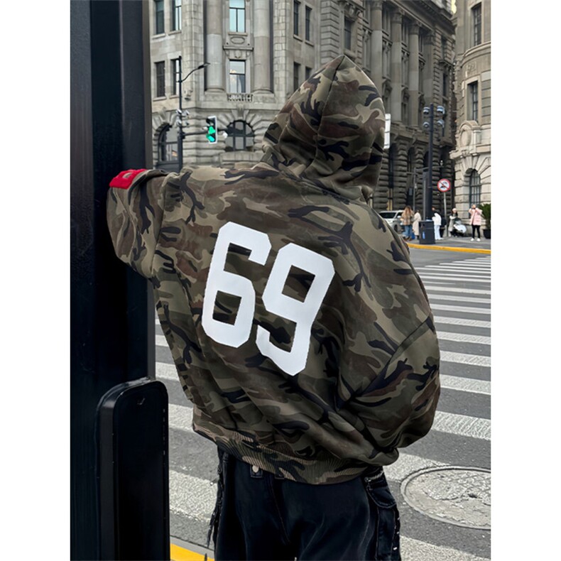 复古美式迷彩开衫卫衣男款春秋季欧美街头hiphop痞帅拉链连帽外套，女装短外套，四季星座505