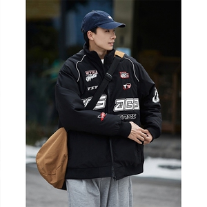 全身刺绣夜光条立领机车服美式重工艺男宽松男女款直播羽绒服图片