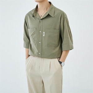 轻熟风全棉包扣休闲纯色短袖衬衫男透气衬衣A236-0839-P58图片