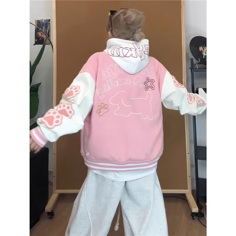 美式复古猫爪刺绣撞色棒球服慵懒风宽松百搭外套513AJK1981P47,男装夹克,星座513A