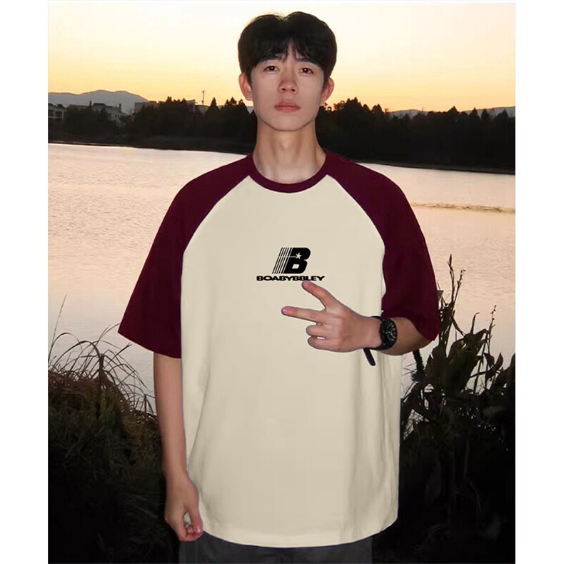 抖音得物高品质二开240克宽松纯棉美式潮牌插肩袖拼接短袖T恤，男装T恤，电商A486