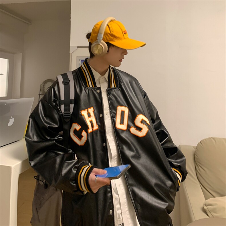 J57-P95-PU皮夹克棒球服拼接撞色织带外套男，现货~现货~现货！,男装夹克,星座1408-1