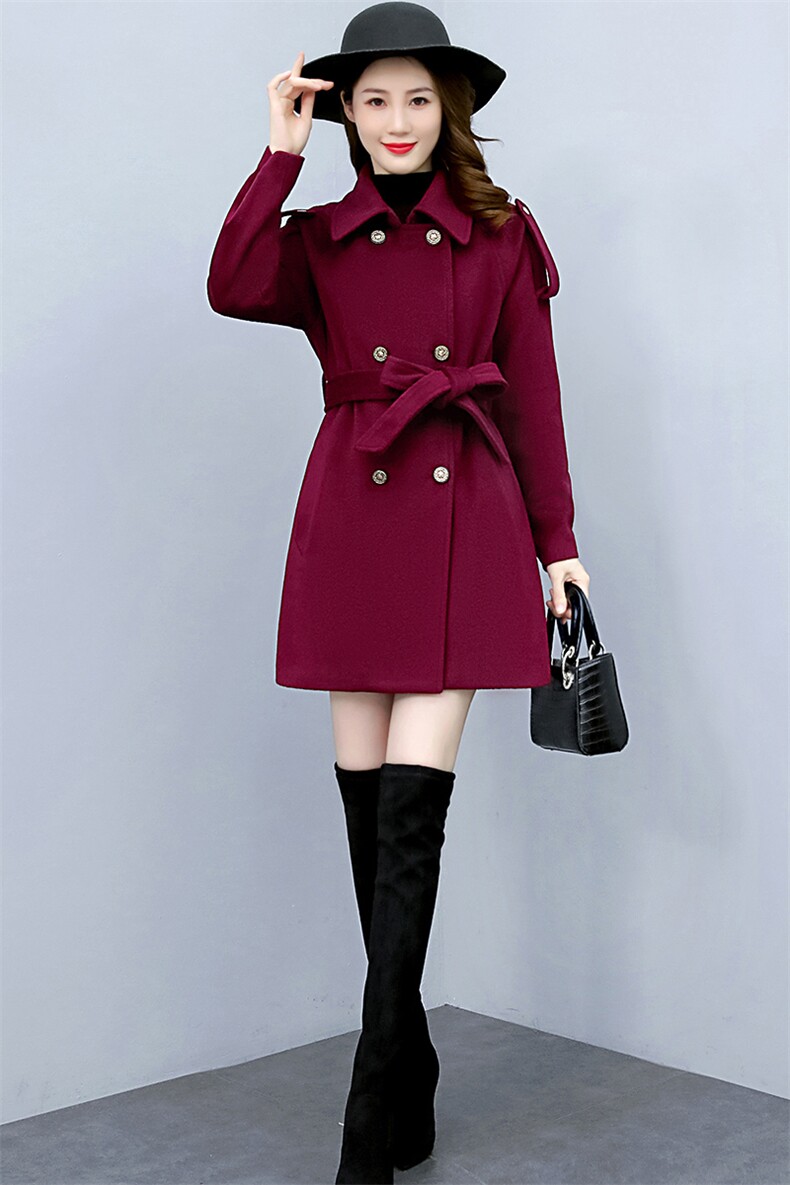 毛呢外套纯色甜美2021年冬季长袖修身中长款,女装毛呢外套,韩宇舍