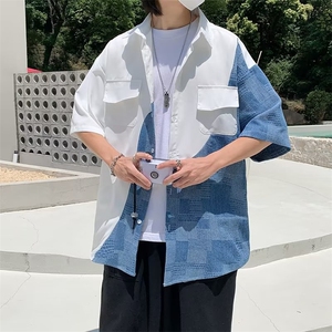 男装衬衫P35-CS18拼接短袖衬衫夏季新款男短袖衬衫ins拼色五分袖图片