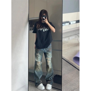 【网图】美式高街复古破洞牛仔裤男潮牌痞帅炸街裤子NZ010WW特P55图片