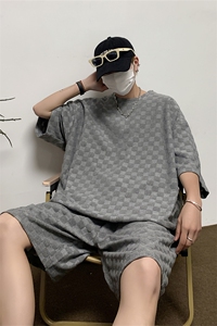 TZ84647/P60夏季新款格子短袖短裤t恤休闲宽松大码两件套套装男图片