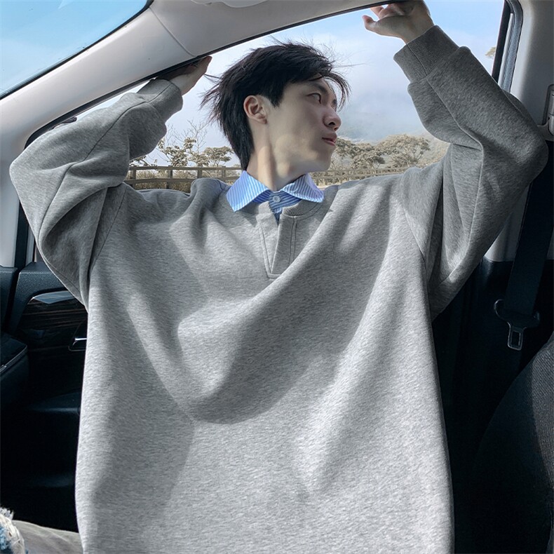 特批P40无差价条纹拼接420g重磅假两件Polo领华棉大码卫衣男W5432,男装卫衣,电商A001