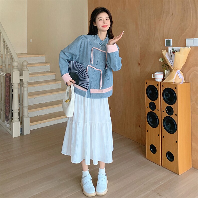 新中式复古风牛仔外套女春秋2025新款独特漂亮盘扣小个子短上衣,女装短外套,2C177