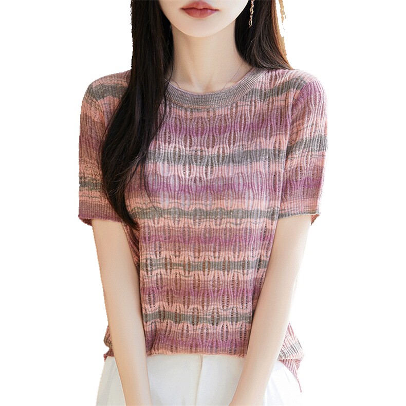 撞色条纹精纺羊毛短袖女2025新款春夏圆领显瘦镂空撞色,女装T恤,暖烁特种纱工厂店